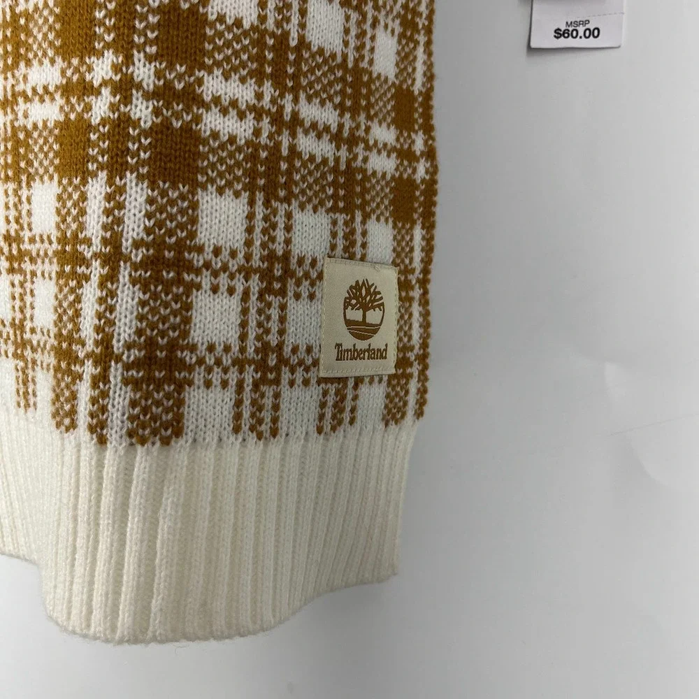 Timberland‎ Mens Plaid Knit Scarf Wheat Logo Patch Ribbed Trim NWT